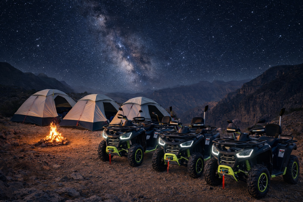 ATV lineup at night camping in Jabal Samhan, Salalah Oman – stargazing adventure in Dhofar mountains