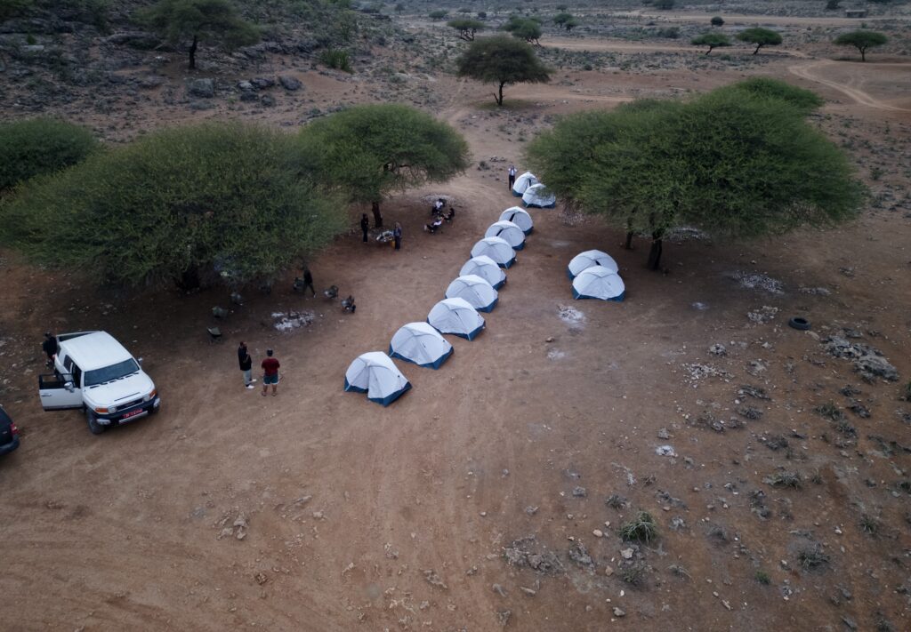 Mountain camping and hiking tour in Salalah, Oman with organized tents and 4x4 vehicles